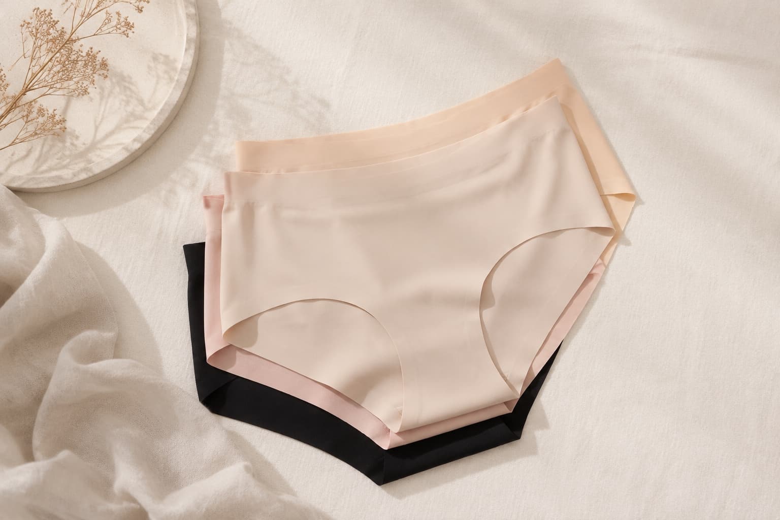 Neatly folded stack of seamless underwear in skin-tone shades