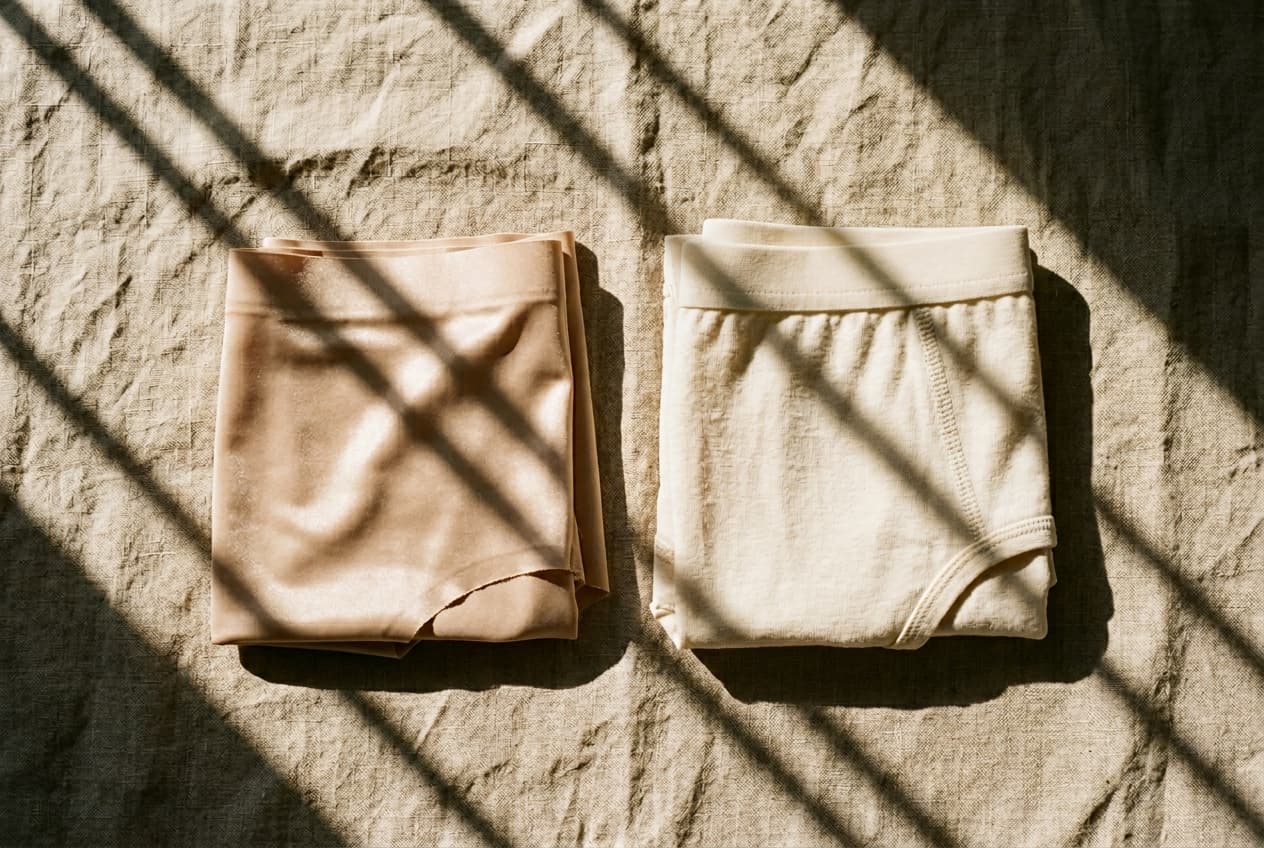 Flatlay of ice silk and cotton underwear side by side in warm summer light