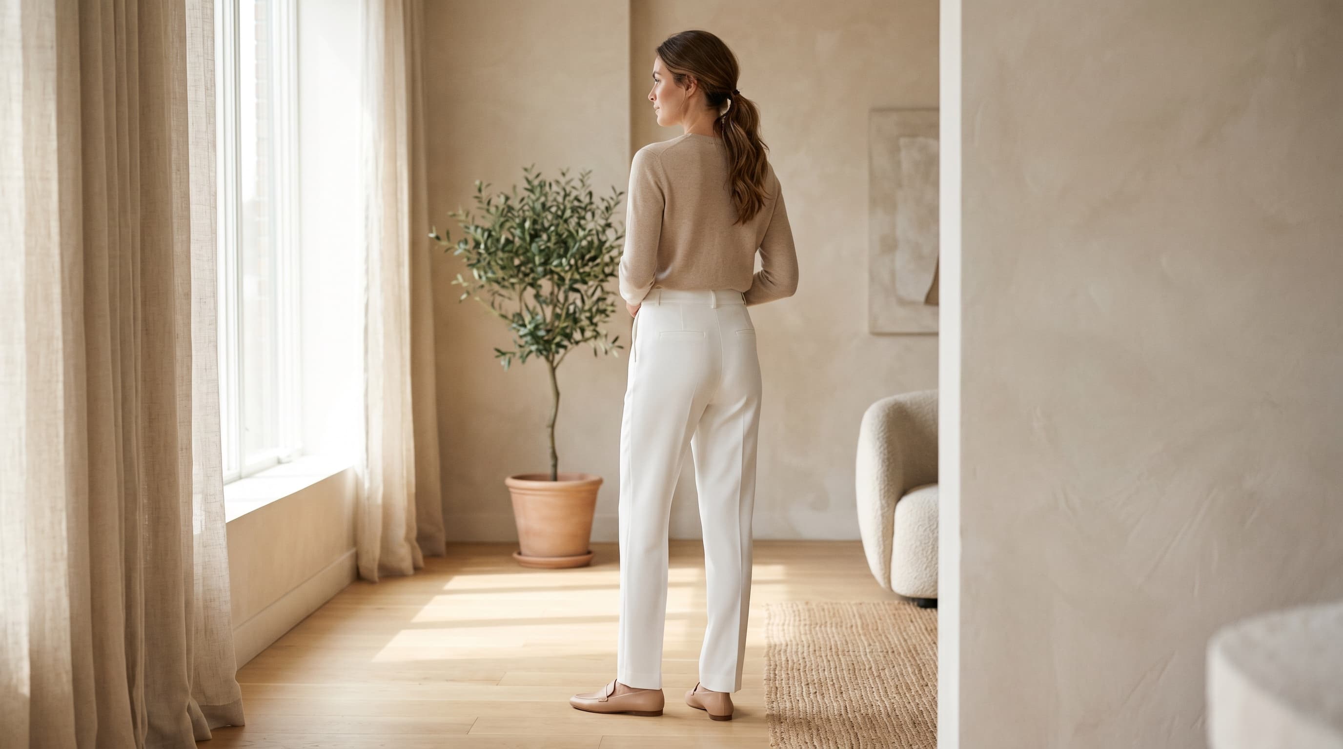Woman in white tailored pants with no visible panty lines