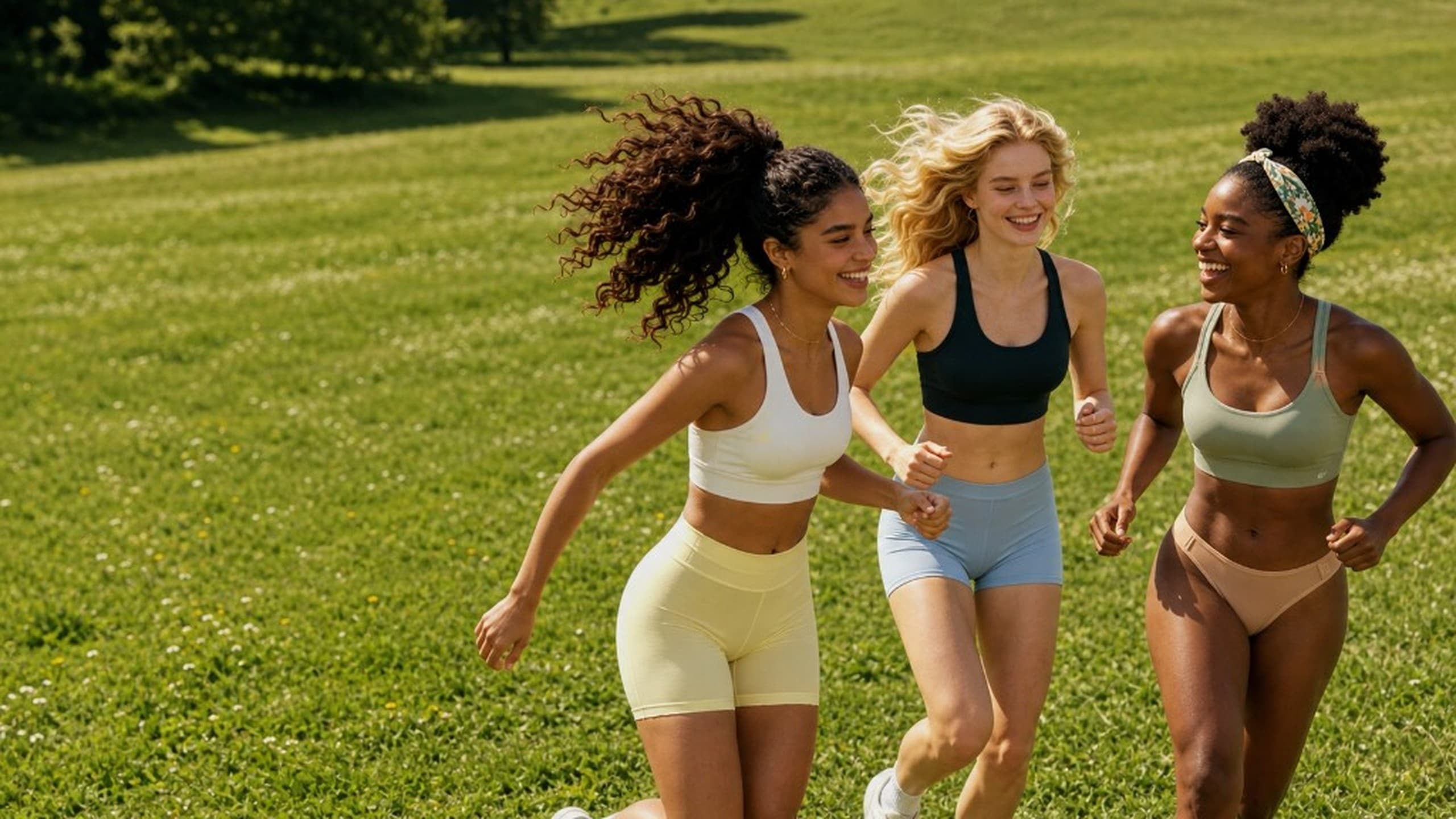 Three women wearing LIVRA comfortable active intimates while running through a sunlit grassy field