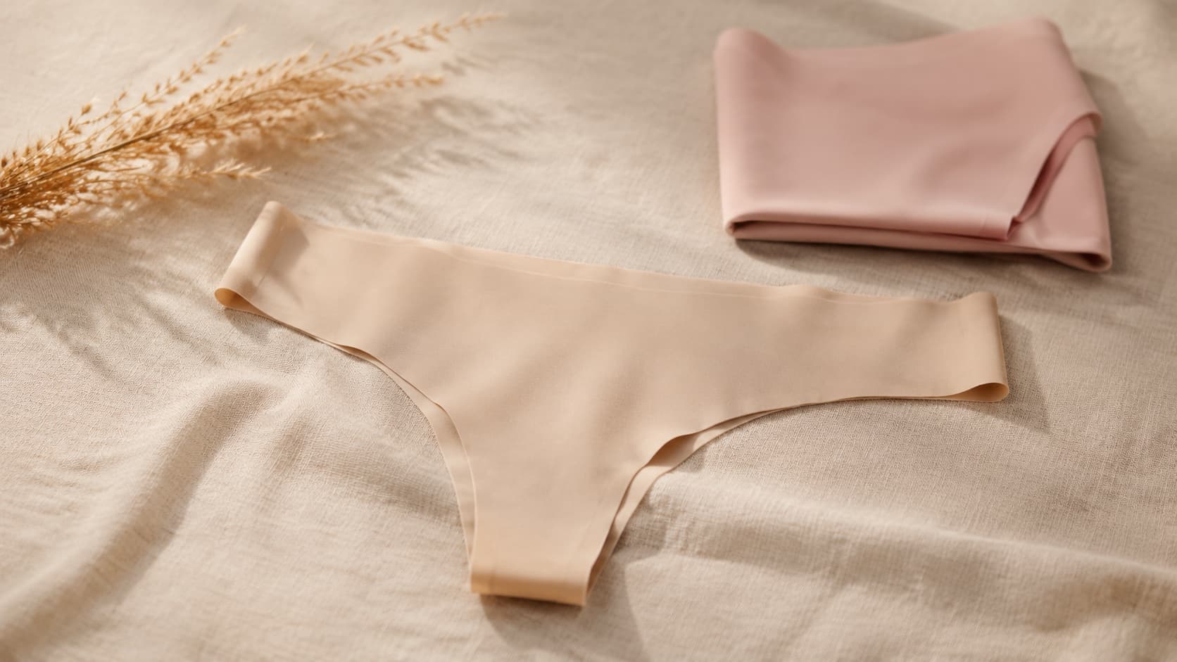 Seamless thong laid flat, showing the thin bonded waistband that makes it comfortable