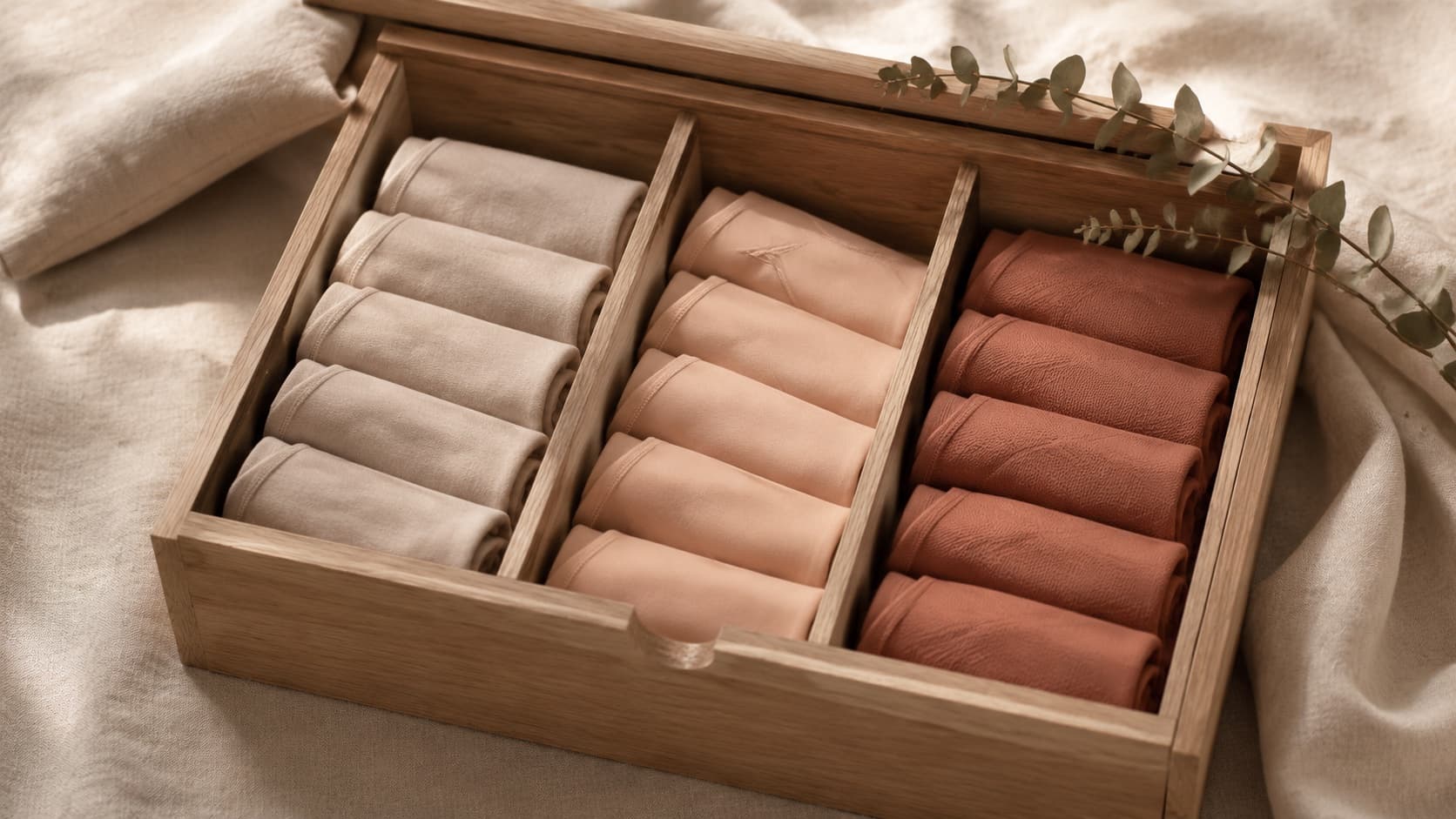 A tidy underwear drawer organized into an everyday, invisible, and active capsule