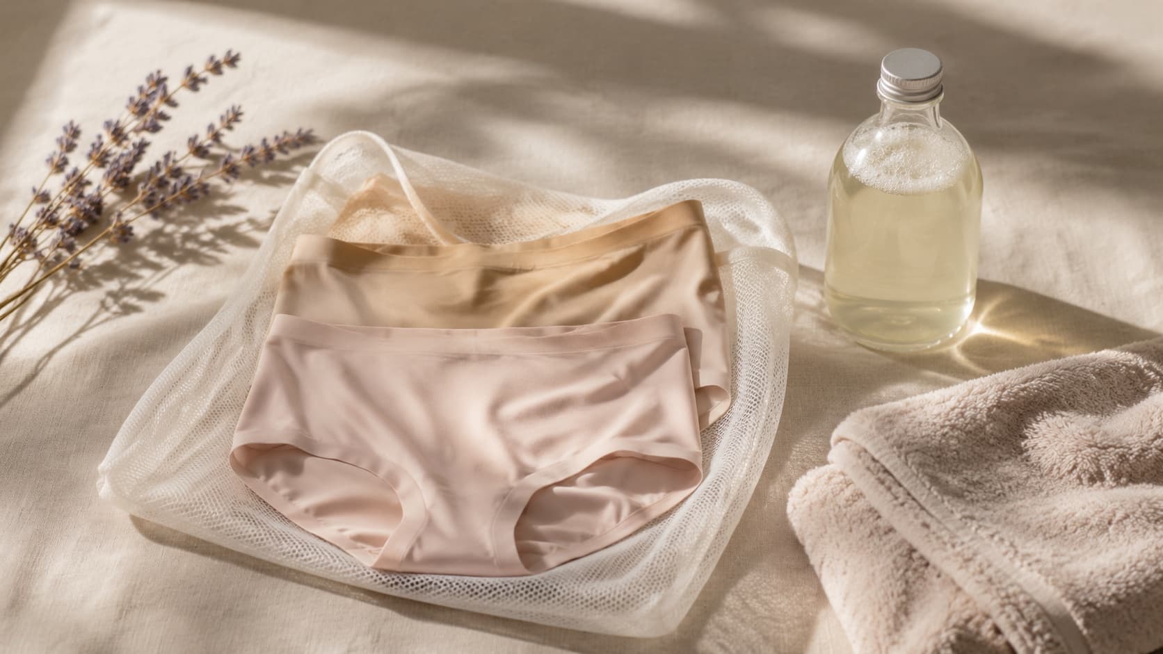 Seamless ice-silk underwear in a mesh laundry bag for gentle washing
