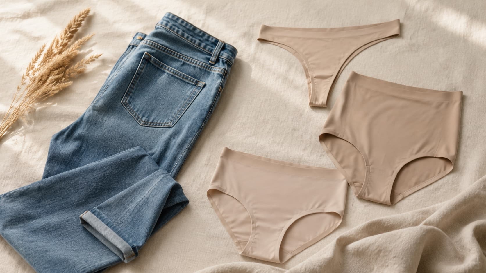 Seamless underwear laid next to folded denim, matched for no panty lines under jeans