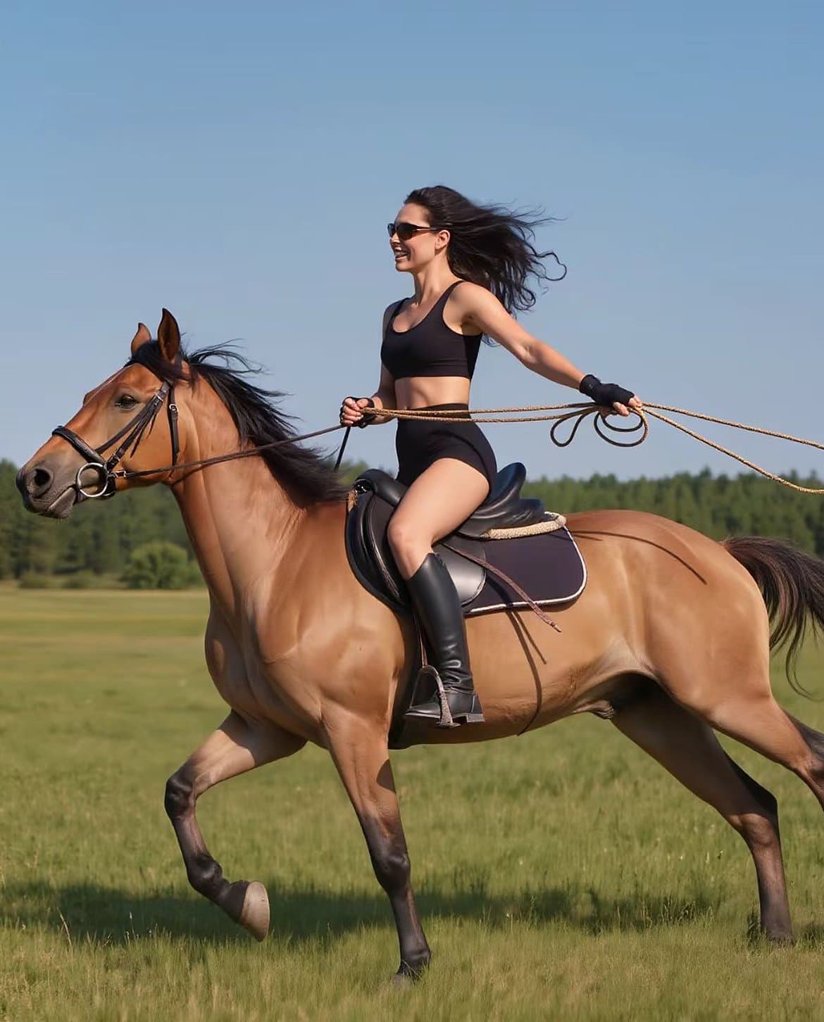 Woman in a black LIVRA seamless bralette and shorts set riding a bay horse across a green meadow